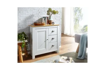 Byrå Wohnling med 3 lådor 2 dörrar tvåfärgad vit ek lantlig stil - Products - Förvaring - Förvaringsmöbler - Byrå - Hallbyrå