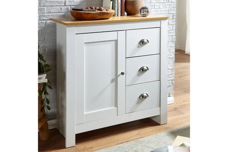 Byrå Wohnling med 3 lådor 2 dörrar tvåfärgad vit ek lantlig stil - Products - Förvaring - Förvaringsmöbler - Byrå - Hallbyrå