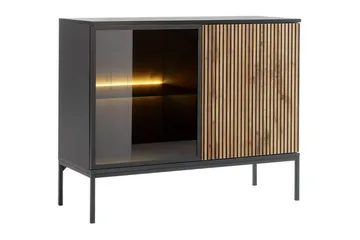 Klinkerville Lågt Vitrinskåp med belysning 39 cm djup 104 cm - Svart Trä / Glas / Ribbad - Products - Förvaring - Skåp - Vitrinskåp