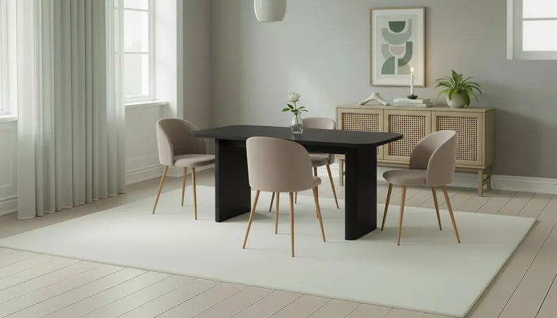 Kopparbo Matbord 180-240 cm Förlängningsbart med 4 Greya Matstolar med armstöd - Svart / Greige Bouclé / Metallben Ek - Products - Möbler - Bord & matgrupp - Matgrupp