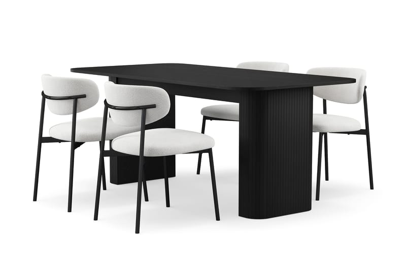 Kopparbo Matbord 180-240 cm Förlängningsbart med 4 Lucy Matstolar, Svart / Vit Bouclé / Metallben Svart