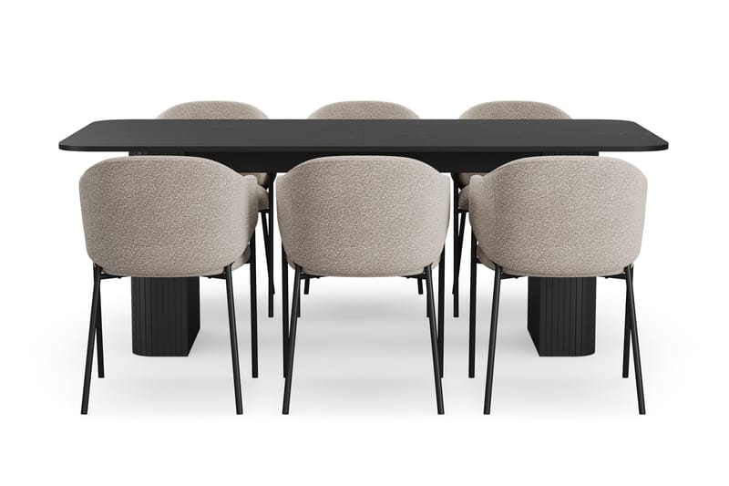 Kopparbo Matbord 200-260 cm Förlängningsbart med 6 Filip Matstolar - Svart / Taupe Bouclé - Products - Möbler - Bord & matgrupp - Matgrupp