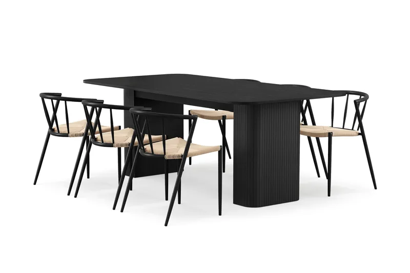 Kopparbo Matbord 200-260 cm Förlängningsbart med 6 Winston Matstolar, Svart / Beige / Metallben Svart