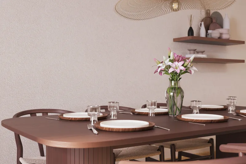 Kopparbo Matgrupp 200 cm med 6 Dastoori Matstol - Brun / Beige / Tr ä / Ribbad - Products - Möbler - Bord & matgrupp - Matgrupp