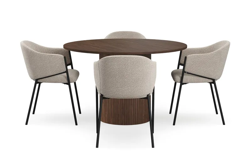 Kopparbo Runt Matbord 120 cm med 4 Filip Matstolar - Mörkbrun / Taupe Bouclé - Products - Möbler - Bord & matgrupp - Matgrupp