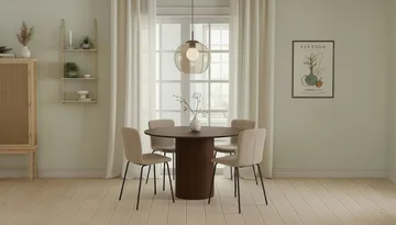 Kopparbo Runt Matbord 120 cm med 4 Katy Matstolar - Mörkbrun / Greige Bouclé / Metallben Svart - Products - Möbler - Bord & matgrupp - Matgrupp