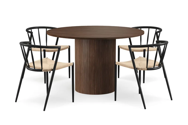 Kopparbo Runt Matbord 120 cm med 4 Winston Matstolar, Mörkbrun / Beige / Metallben Svart