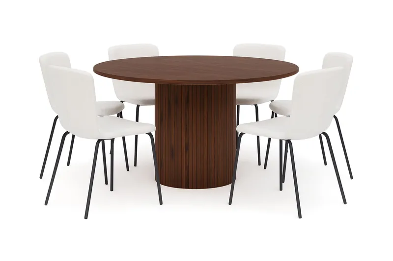 Kopparbo Runt Matbord 150 cm med 4 Katy Matstolar, Valnöt / Vit Bouclé / Metallben Svart