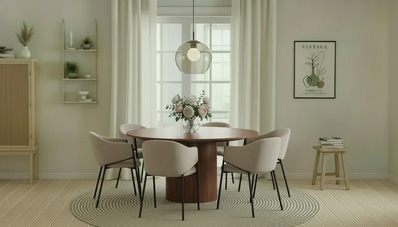 Kopparbo Runt Matbord 150 cm med 6 Filip Matstolar - Valnöt / Taupe Bouclé - Products - Möbler - Bord & matgrupp - Matgrupp