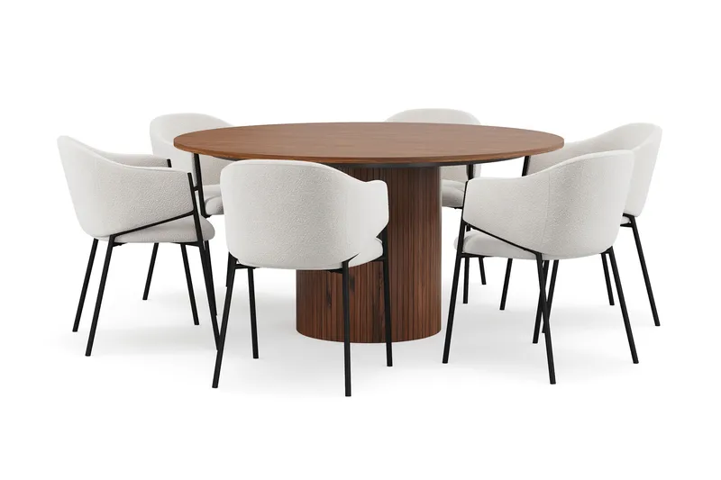 Kopparbo Runt Matbord 150 cm med 6 Filip Matstolar, Valnöt / Vit Bouclé