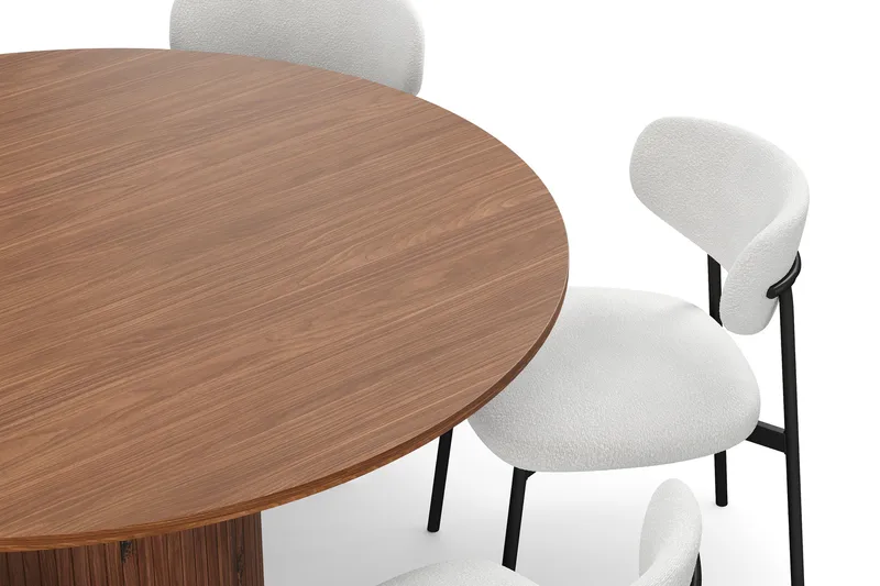 Kopparbo Runt Matbord 150 cm med 6 Lucy Matstolar - Valnöt / Vit Bouclé / Metallben Svart - Products - Möbler - Bord & matgrupp - Matgrupp