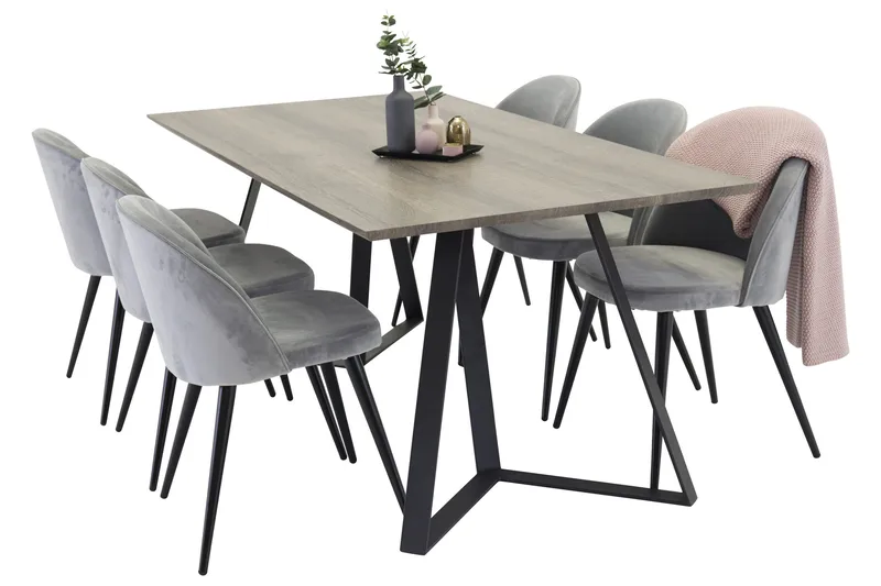 Marina Matgrupp 180 cm Rektangulärt med 6 Velvet Sammet Matstolar - Svart / Grå / Brun - Products - Möbler - Bord & matgrupp - Matgrupp