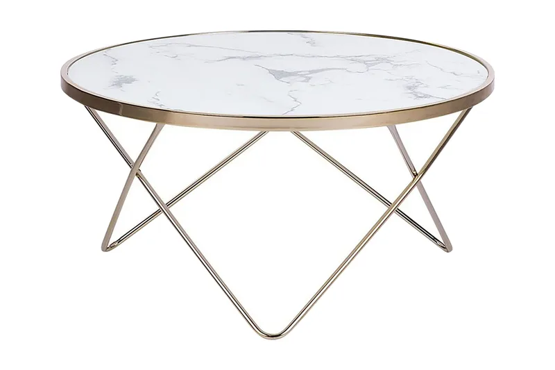 Meerah Soffbord 80 cm Runt Marmormönster, Glas/Vit/Guld