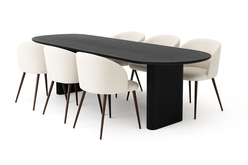 Noira Ovalt Matbord 220 cm med 6 Greya Matstolar med armstöd, Svart / Vit Bouclé / Metallben Valnöt