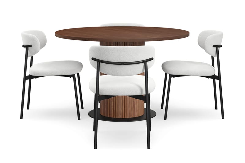 Noira Runt Litet Matbord Massiv Valnöt 120 cm med 4 Lucy Matstolar - Brun / Vit Bouclé / Metallben Svart - Products - Möbler - Bord & matgrupp - Matgrupp
