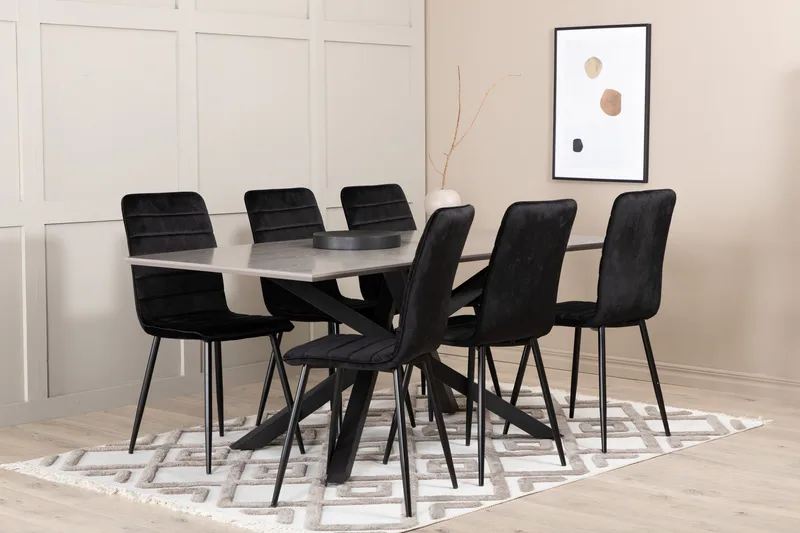 Penny Matgrupp 190 cm inkl 6 Robin Sammetsstolar, Grå/Svart