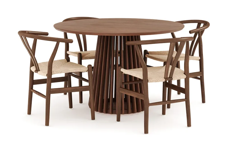 Peyra Matgrupp 120 cm Rund med 4 Dastoori Matstol - 2220070-4,1893317-1, Valnöt / Brun / Beige