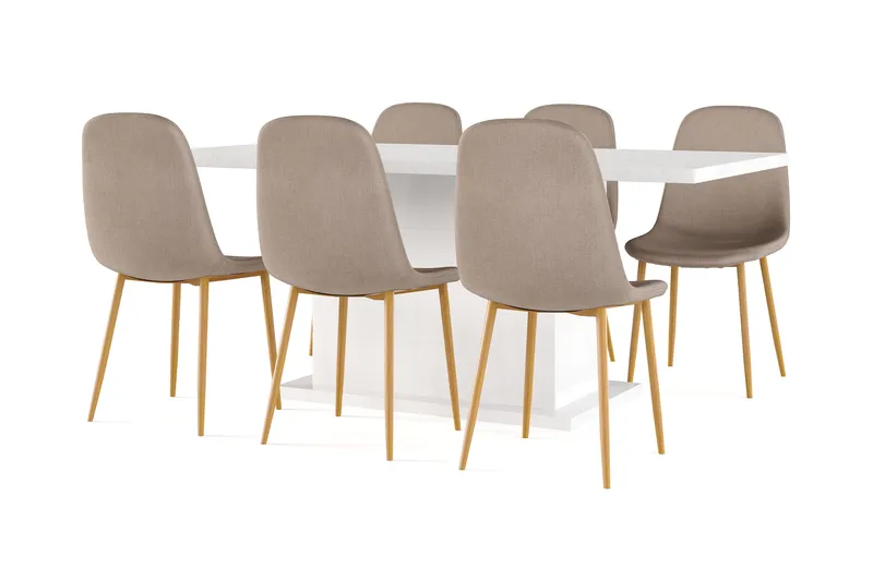 Ratliff Matbord 180 cm Förlängningsbart med illäggsskiva +  6 st Nibe stol brun med ek ben, Vit/Brun