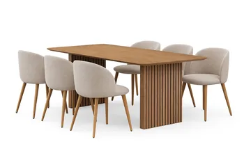 Richeto Matbord 180 cm med 6 Greya Matstolar med armstöd - Naturlig finish / Greige Bouclé / Metallben Ek - Products - Möbler - Bord & matgrupp - Matgrupp