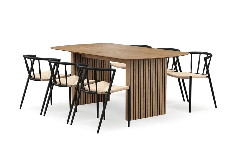 Richeto Matbord 180 cm med 6 Winston Matstolar, Naturlig finish / Beige / Metallben Svart