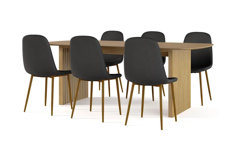 Richeto Matbord 210 cm ek +  6 st Nibe stol svart med ek ben, Natur/Svart