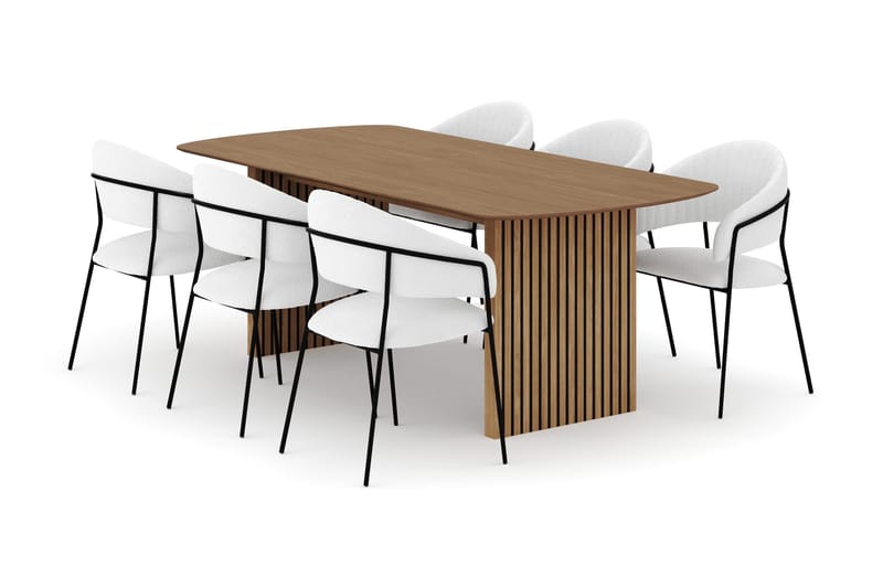 Richeto Matbord 210 cm med 6 Karol Matstolar, Naturlig finish / Vit Bouclé