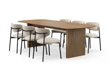 Richeto Matbord 240 cm med 6 Lucy Matstolar - Naturlig finish / Greige Bouclé / Metallben Svart - Products - Möbler - Bord & matgrupp - Matgrupp