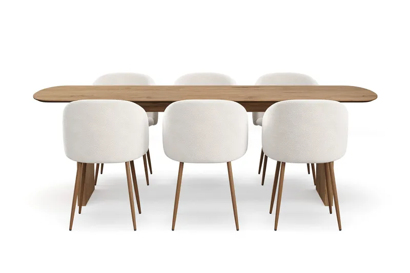 Richeto Matgrupp med 6 Greya Matstolar med Armstöd, R ökt Ek/Vit Bouclé