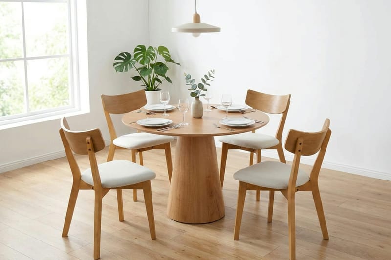Siena Matgrupp 110 cm runt i Ek med 4 Amelia Matstolar med Dyna - Ek/Beige - Products - Möbler - Bord & matgrupp - Matgrupp