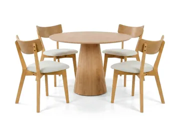 Siena Matgrupp 110 cm runt i Ek med 4 Amelia Matstolar med Dyna, Ek/Beige