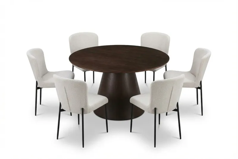 Siena Matgrupp runt 130 cm Rökt Ek med 6 Elsie Matstolar, Rökt ek/Vit