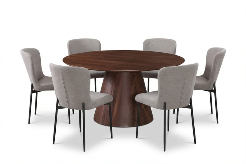 Siena Matgrupp runt 150 cm Valnöt med 6 Elsie Matstolar, Valnöt/Ljusgrå