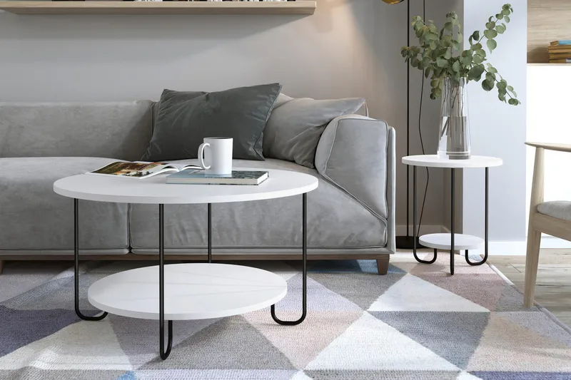 Ullavi Soffbord 80 cm Runt med Förvaring Hylla - Vit/Svart - Products - Möbler - Bord & matgrupp - Soffbord - Soffbord med förvaring