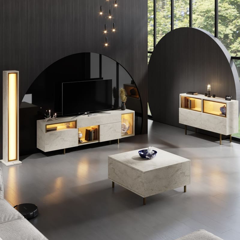 Denvar TV-bänk 180x55x32 cm - travertin och guld - Products - Möbler - TV- & Mediamöbler - TV bänk & mediabänk