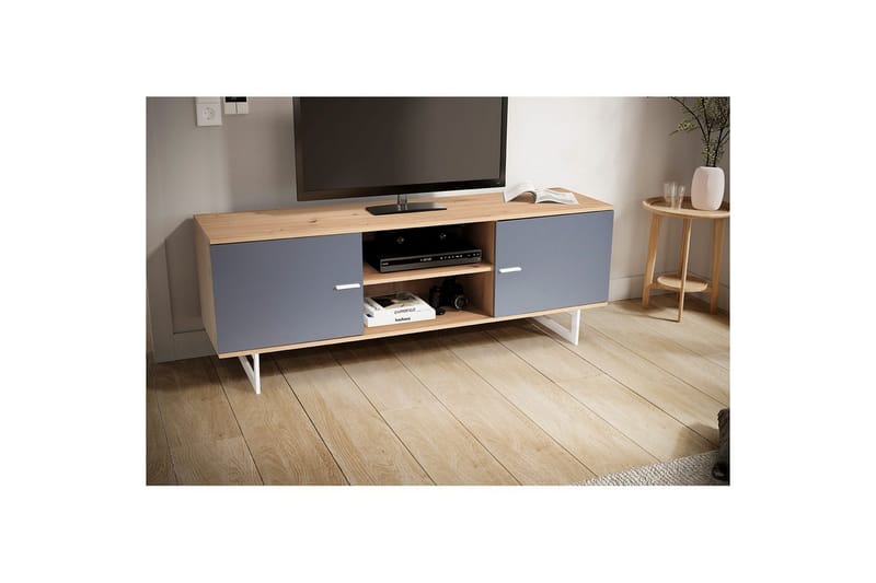Lowboard Wohnling modernt spånskiva, 2 dörrar, förvaringsbrickor, metallben, modern stil Ek, Grå - Ek, Grå - Products - Möbler - TV- & Mediamöbler - TV-skåp