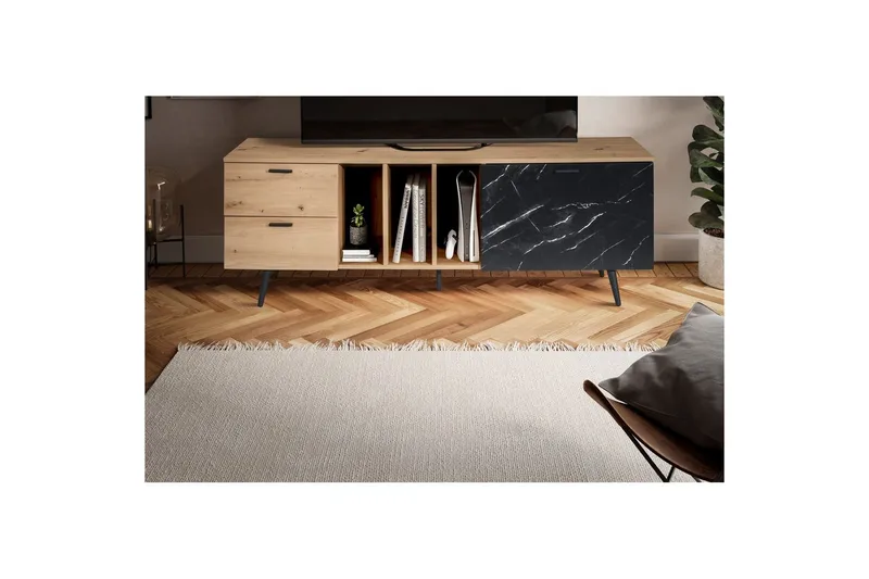 Lowboard Wohnling modernt spånskiva, 2 lådor, 1 dörr, förvaringsbrickor, metallben, modern stil Ek, Marmor, Svart - Ek, Marmor, Svart - Products - Möbler - TV- & Mediamöbler - TV bänk & mediabänk