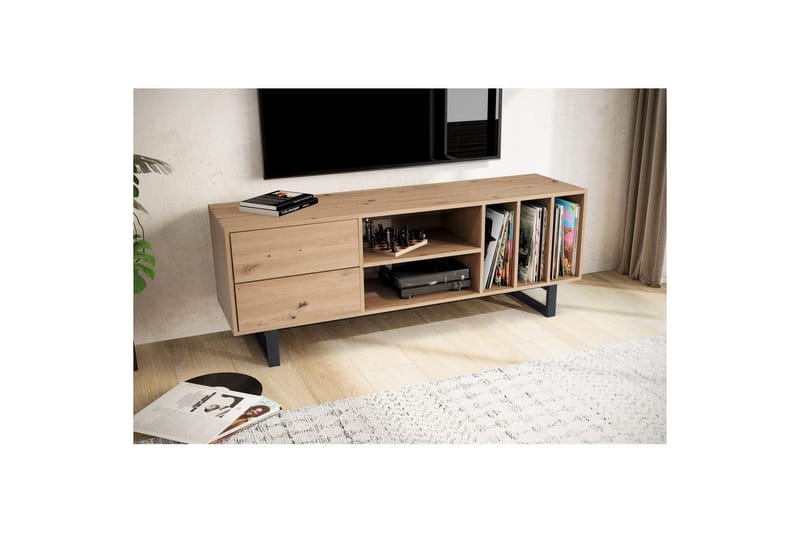 Lowboard Wohnling modernt spånskiva, 2 lådor, förvaringsbrickor, metallben, modern stil Ek - Ek - Products - Möbler - TV- & Mediamöbler - TV bänk & mediabänk