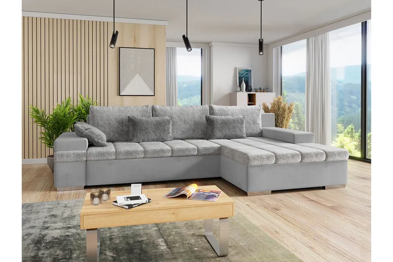 Naoma 3-sits Bäddsoffa med Divan L-formad Höger med Förvarin - Sammet/Grå - Products - Möbler - Soffa - Bäddsoffa - Bäddsoffa divan