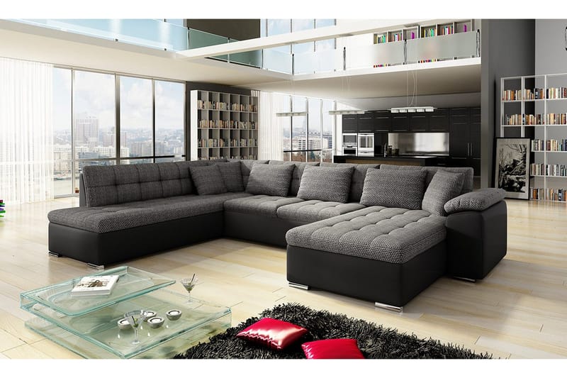 Niko U-Bäddsoffa 350x205x76 cm Divan Höger - Grå/Svart - Products - Möbler - Soffa - Bäddsoffa - Bäddsoffa längsbäddad