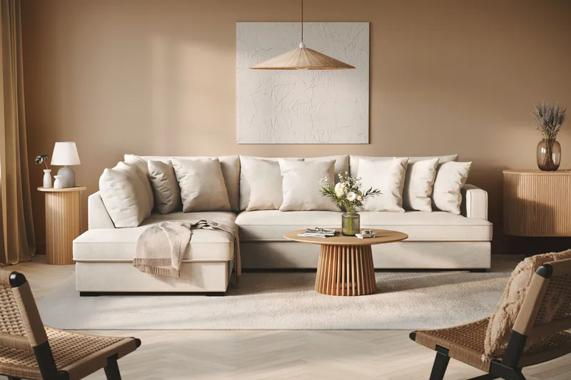 Rossita 4-sits Vänstervänd L-formad Djup Schäslongsoffa i Tyg - Beige - Products - Möbler - Soffa - Divansoffa & schäslongsoffa - 4 sits soffa med divan
