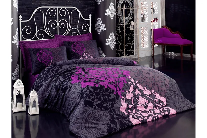 Cotton Box Bäddset Dubbelt 6-dels Satin, Vinröd/Lila/Rosa/Svart
