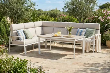 Ariany Lyx l-formad 6-sits hörnsoffa utomhus med hög rygg med beiga dynor och bord i aluminium - Beige - Products - Utemöbler & utemiljö - Loungemöbler - Loungeset & loungegrupp