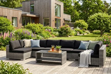 Bahamas U-formad utomhus loungegrupp med öppet avslut, 8-sits med bord och hylla - Grå - Products - Utemöbler & utemiljö - Loungemöbler - Loungeset & loungegrupp