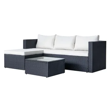 Mendoza l-formad 4-sits soffgrupp i konstrotting för altan och terrass - Svart / Vita dynor - Products - Utemöbler & utemiljö - Loungemöbler - Loungeset & loungegrupp