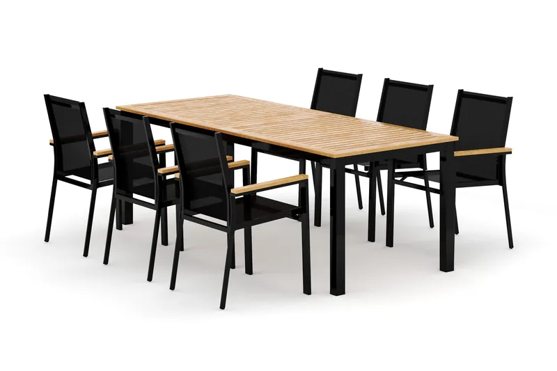 Las Vegas utomhus matgrupp förlängningsbart 220x280x100 cm med 6 Las Vegas stapelstolar, Svart