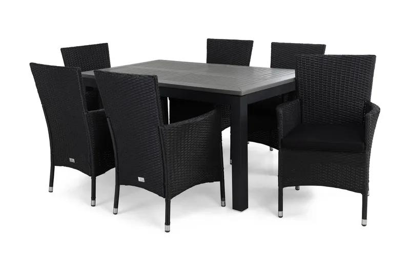 Monaco Matgrupp Utomhus 152-210 + 6 Thor Fåtölj m Dyna, Svart/Svart/Svart