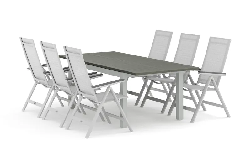 Monaco utomhus matgrupp förlängningsbart 150-250x90 med 6 Monaco Light positionsstolar, Vit/Grå
