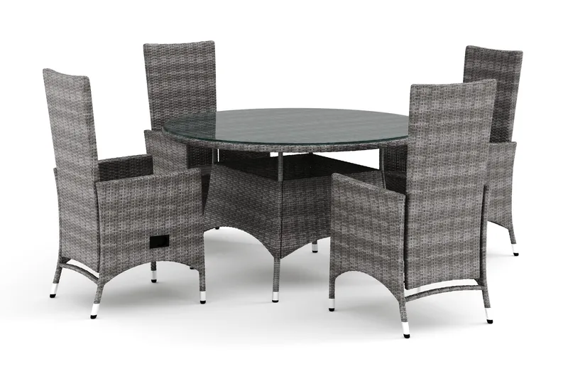 Thor utomhus rund matgrupp 140 cm med 4 Jenny matstolar, Grå