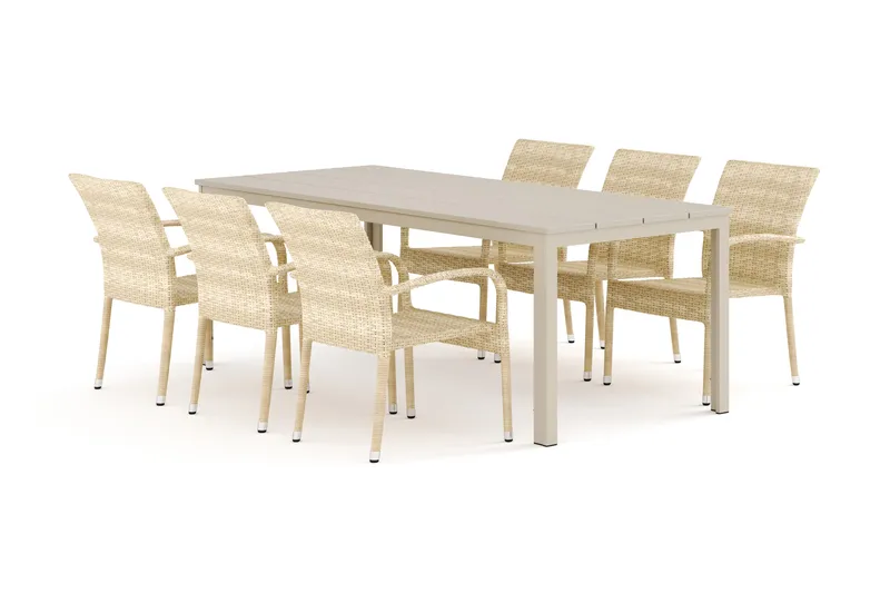 Tunis utomhus matgrupp 205x90 cm med 6 Thor Light utefåtöljer, Beige/Beige