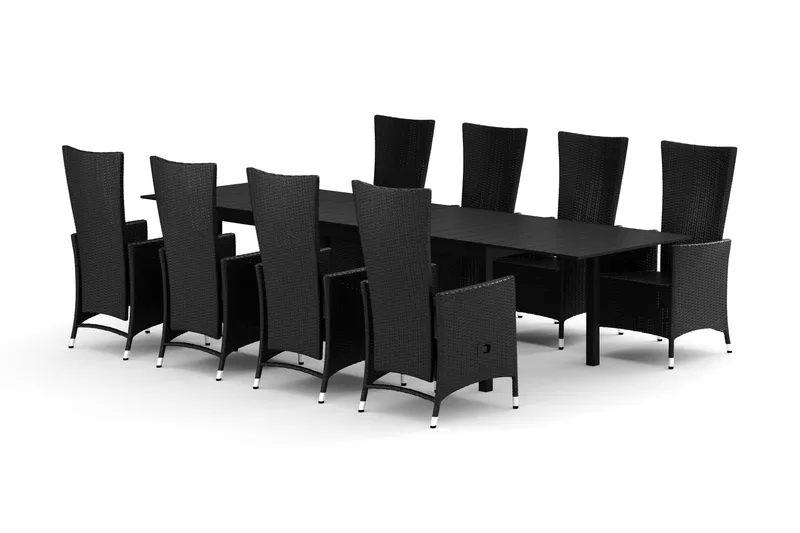 Tunis utomhus matgrupp förlängningsbart 205/305x90 cm med 8 Jenny matstolar, Svart/Svart
